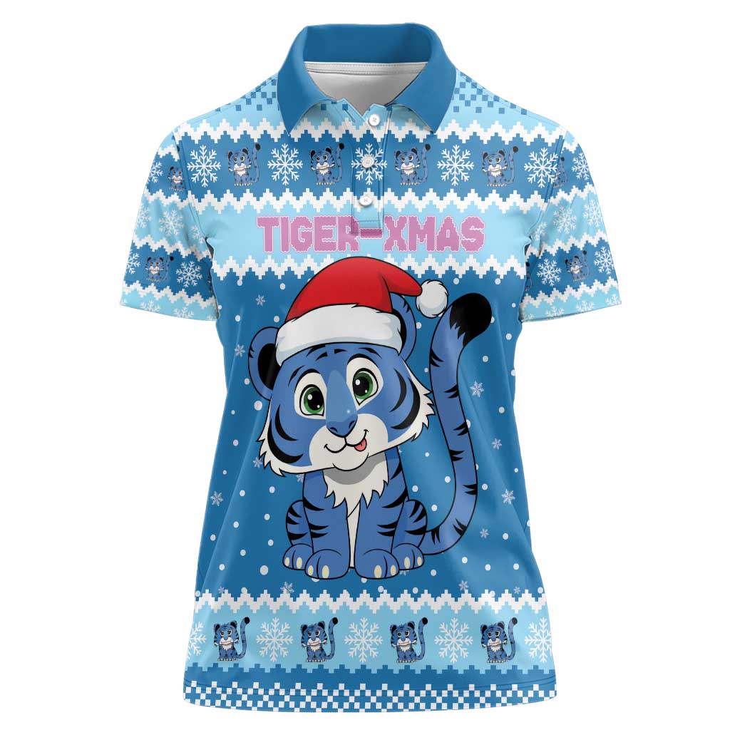 Personalized Blue Tiger Christmas Women Polo Shirt Kawaii Derpy Tiger Santa Mode - Wonder Print Shop