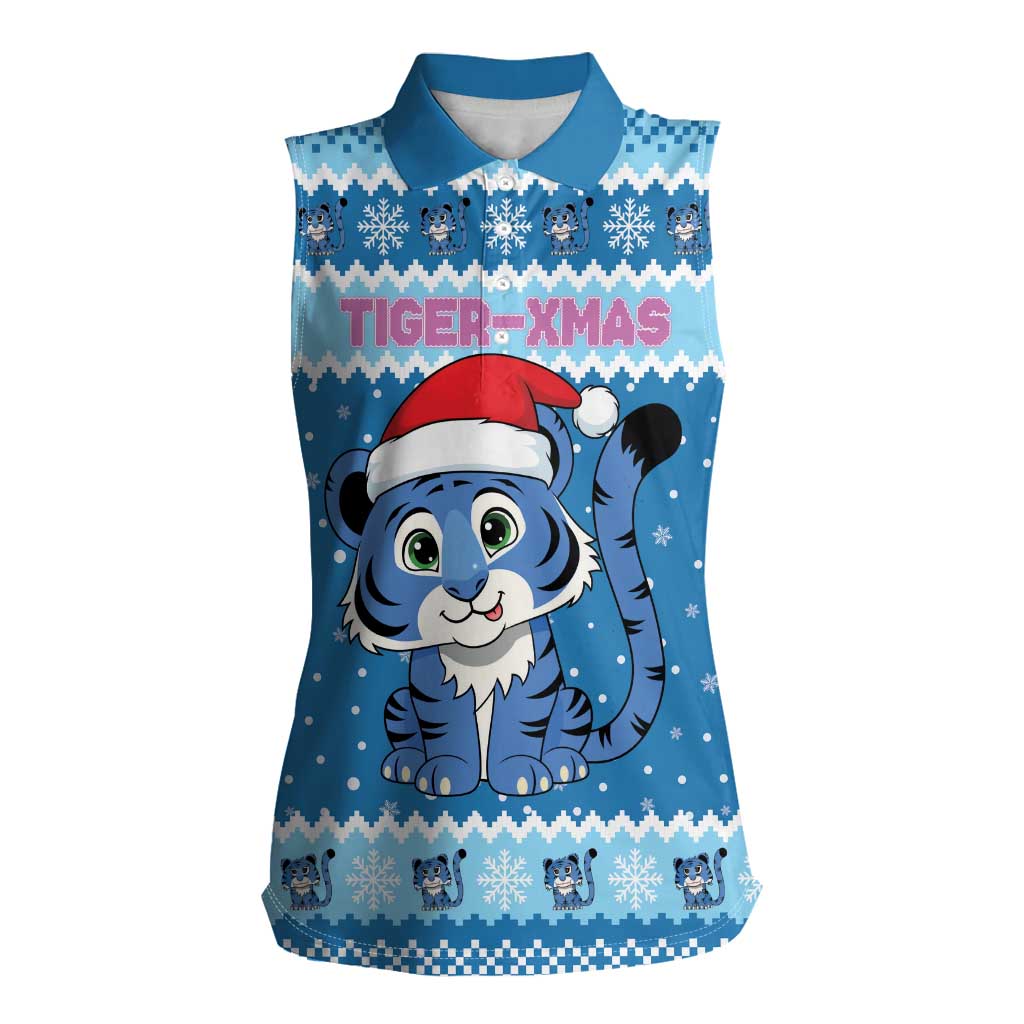 Personalized Blue Tiger Christmas Women Sleeveless Polo Shirt Kawaii Derpy Tiger Santa Mode - Wonder Print Shop