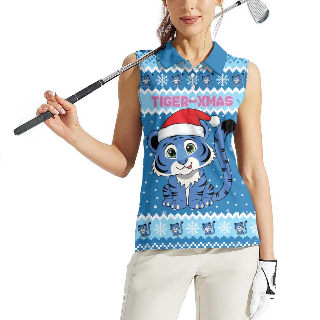 Personalized Blue Tiger Christmas Women Sleeveless Polo Shirt Kawaii Derpy Tiger Santa Mode - Wonder Print Shop