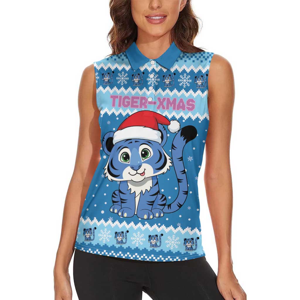 Personalized Blue Tiger Christmas Women Sleeveless Polo Shirt Kawaii Derpy Tiger Santa Mode - Wonder Print Shop