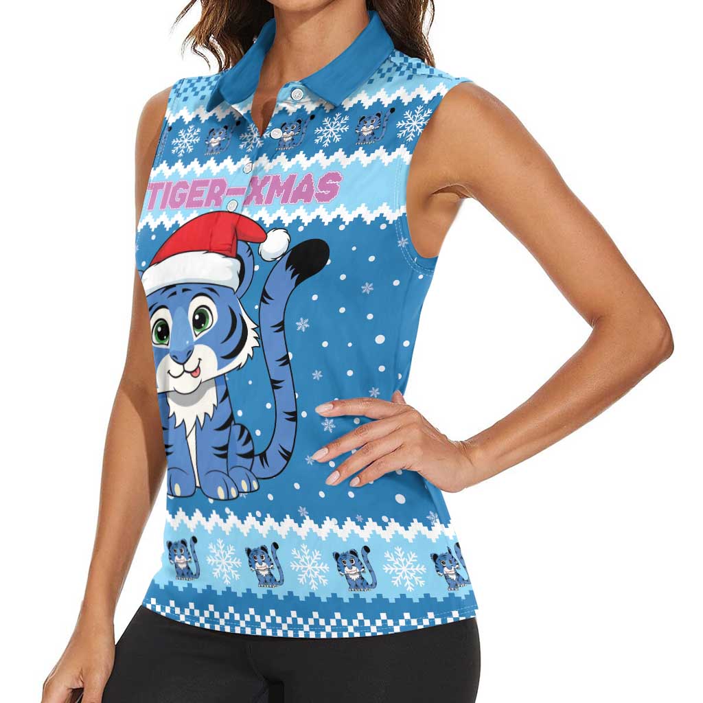 Personalized Blue Tiger Christmas Women Sleeveless Polo Shirt Kawaii Derpy Tiger Santa Mode - Wonder Print Shop