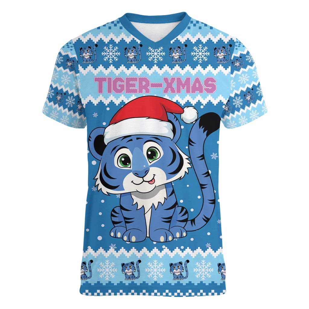 Personalized Blue Tiger Christmas Women V-Neck T-Shirt Kawaii Derpy Tiger Santa Mode - Wonder Print Shop