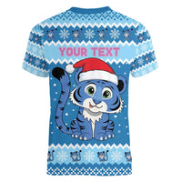 Personalized Blue Tiger Christmas Women V-Neck T-Shirt Kawaii Derpy Tiger Santa Mode - Wonder Print Shop