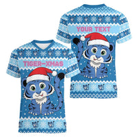 Personalized Blue Tiger Christmas Women V-Neck T-Shirt Kawaii Derpy Tiger Santa Mode - Wonder Print Shop