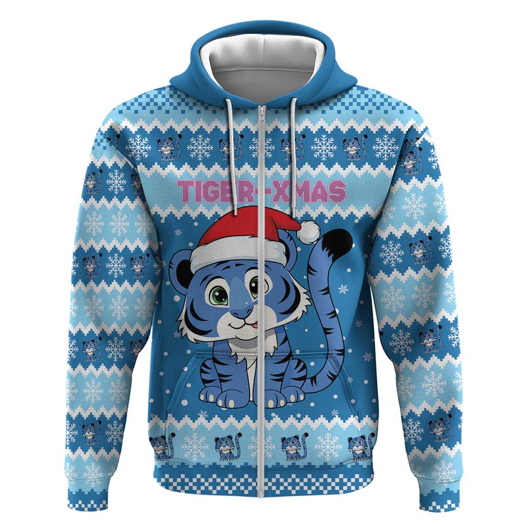 Personalized Blue Tiger Christmas Zip Hoodie Kawaii Derpy Tiger Santa Mode - Wonder Print Shop