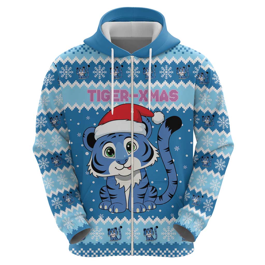 Personalized Blue Tiger Christmas Zip Hoodie Kawaii Derpy Tiger Santa Mode - Wonder Print Shop