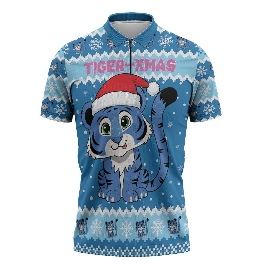 Personalized Blue Tiger Christmas Zipper Polo Shirt Kawaii Derpy Tiger Santa Mode - Wonder Print Shop