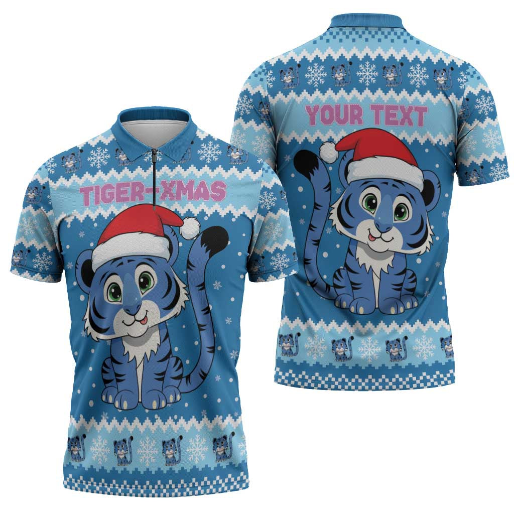Personalized Blue Tiger Christmas Zipper Polo Shirt Kawaii Derpy Tiger Santa Mode - Wonder Print Shop