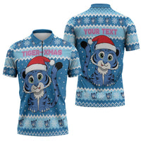 Personalized Blue Tiger Christmas Zipper Polo Shirt Kawaii Derpy Tiger Santa Mode - Wonder Print Shop