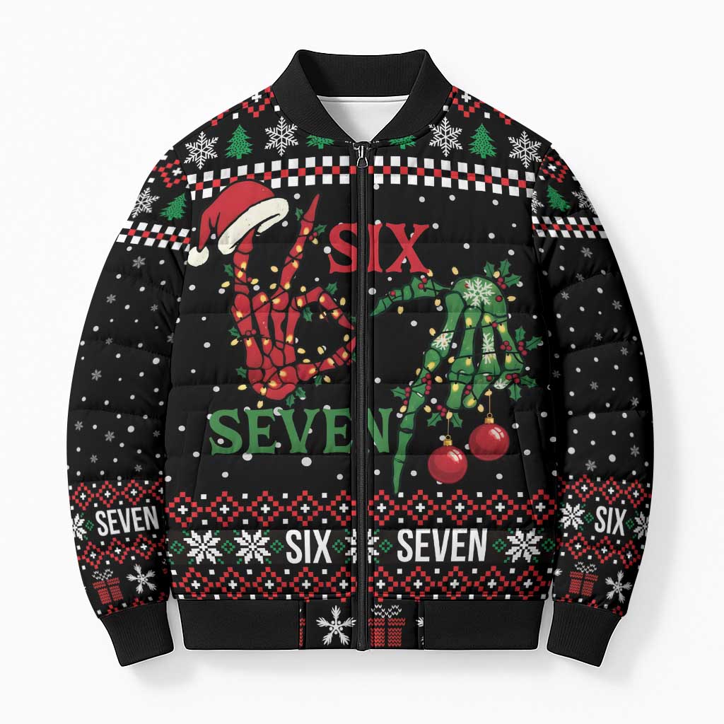 Funny Six Seven Skeleton Hand Bomber Puffer Jacket Meme Gen Alpha Slang - Wonder Print Shop