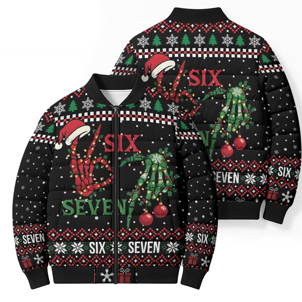 Funny Six Seven Skeleton Hand Bomber Puffer Jacket Meme Gen Alpha Slang - Wonder Print Shop
