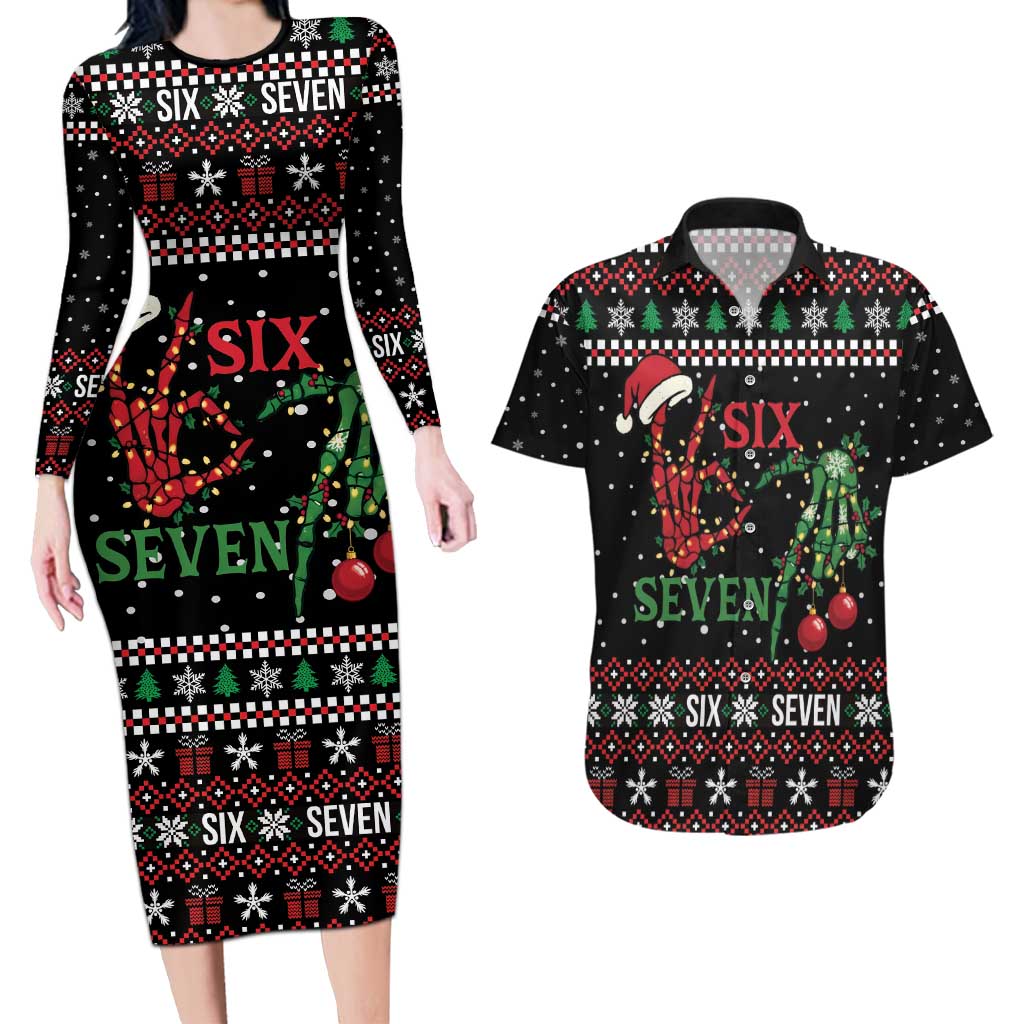 Funny Six Seven Skeleton Hand Couples Matching Long Sleeve Bodycon Dress and Hawaiian Shirt Meme Gen Alpha Slang - Wonder Print Shop