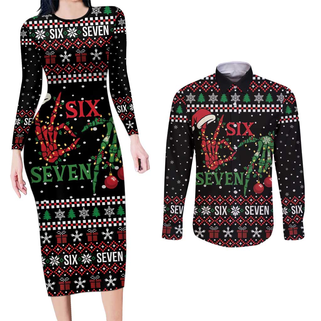 Funny Six Seven Skeleton Hand Couples Matching Long Sleeve Bodycon Dress and Long Sleeve Button Shirt Meme Gen Alpha Slang - Wonder Print Shop