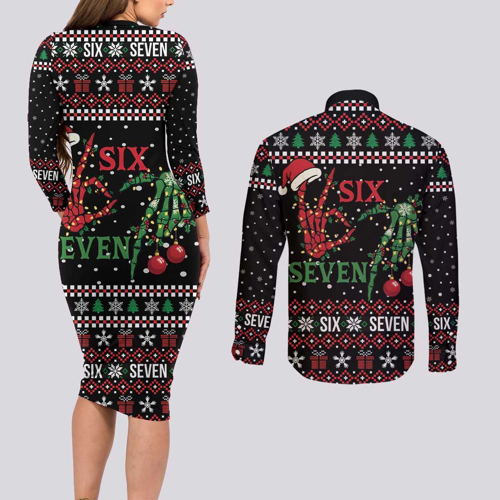 Funny Six Seven Skeleton Hand Couples Matching Long Sleeve Bodycon Dress and Long Sleeve Button Shirt Meme Gen Alpha Slang - Wonder Print Shop
