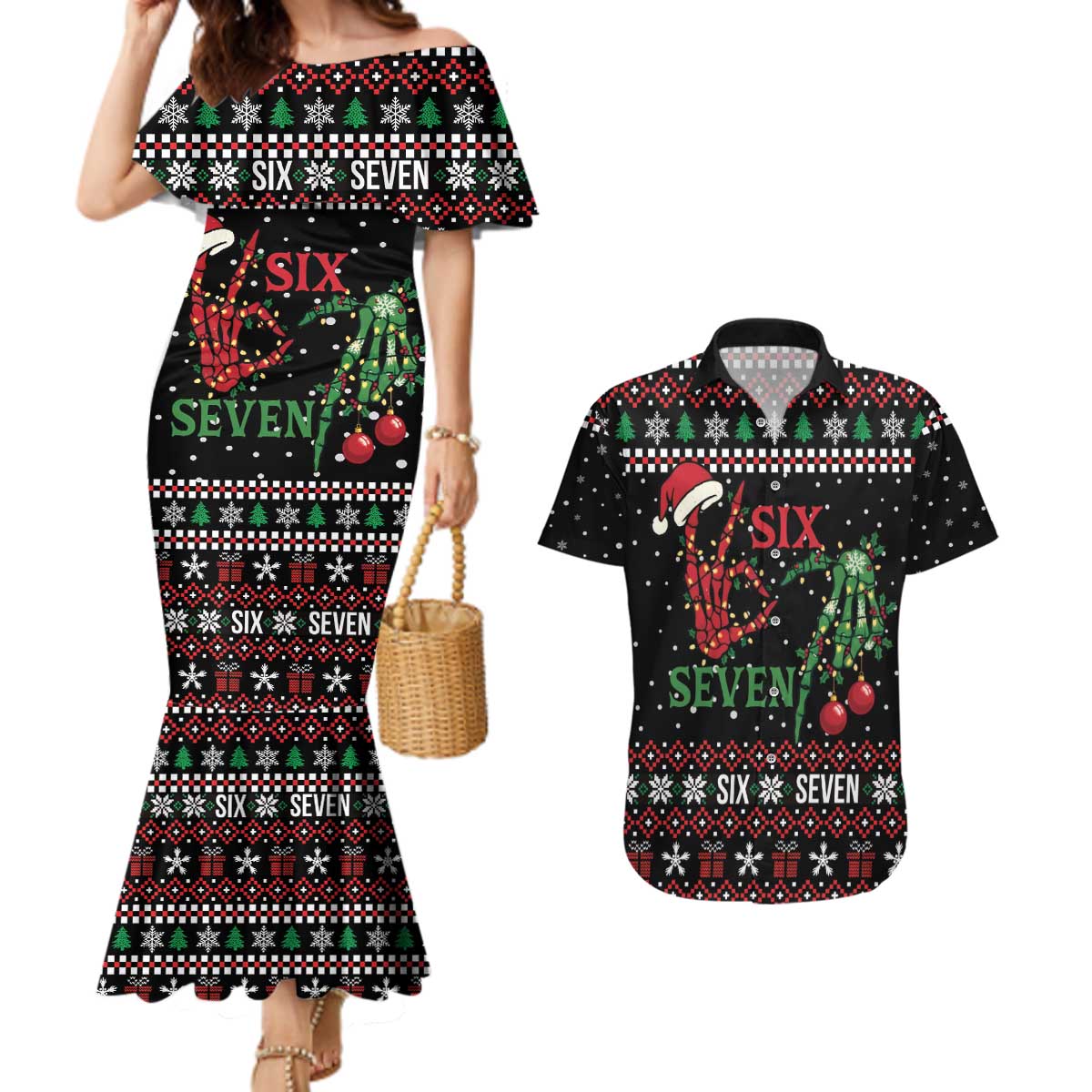Funny Six Seven Skeleton Hand Couples Matching Mermaid Dress and Hawaiian Shirt Meme Gen Alpha Slang - Wonder Print Shop