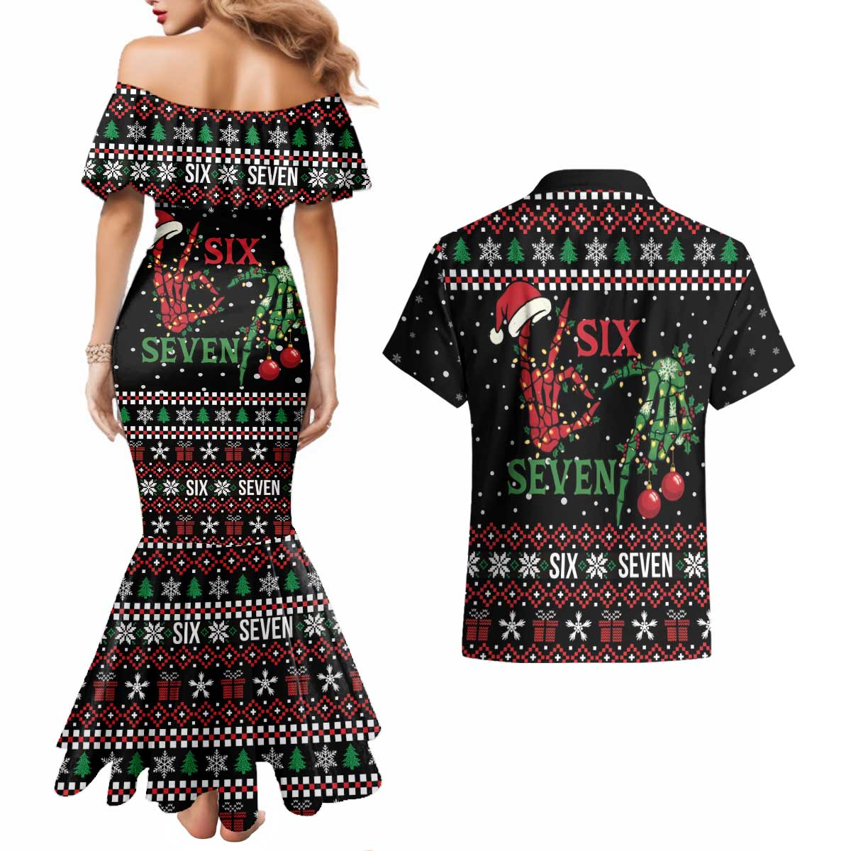 Funny Six Seven Skeleton Hand Couples Matching Mermaid Dress and Hawaiian Shirt Meme Gen Alpha Slang - Wonder Print Shop