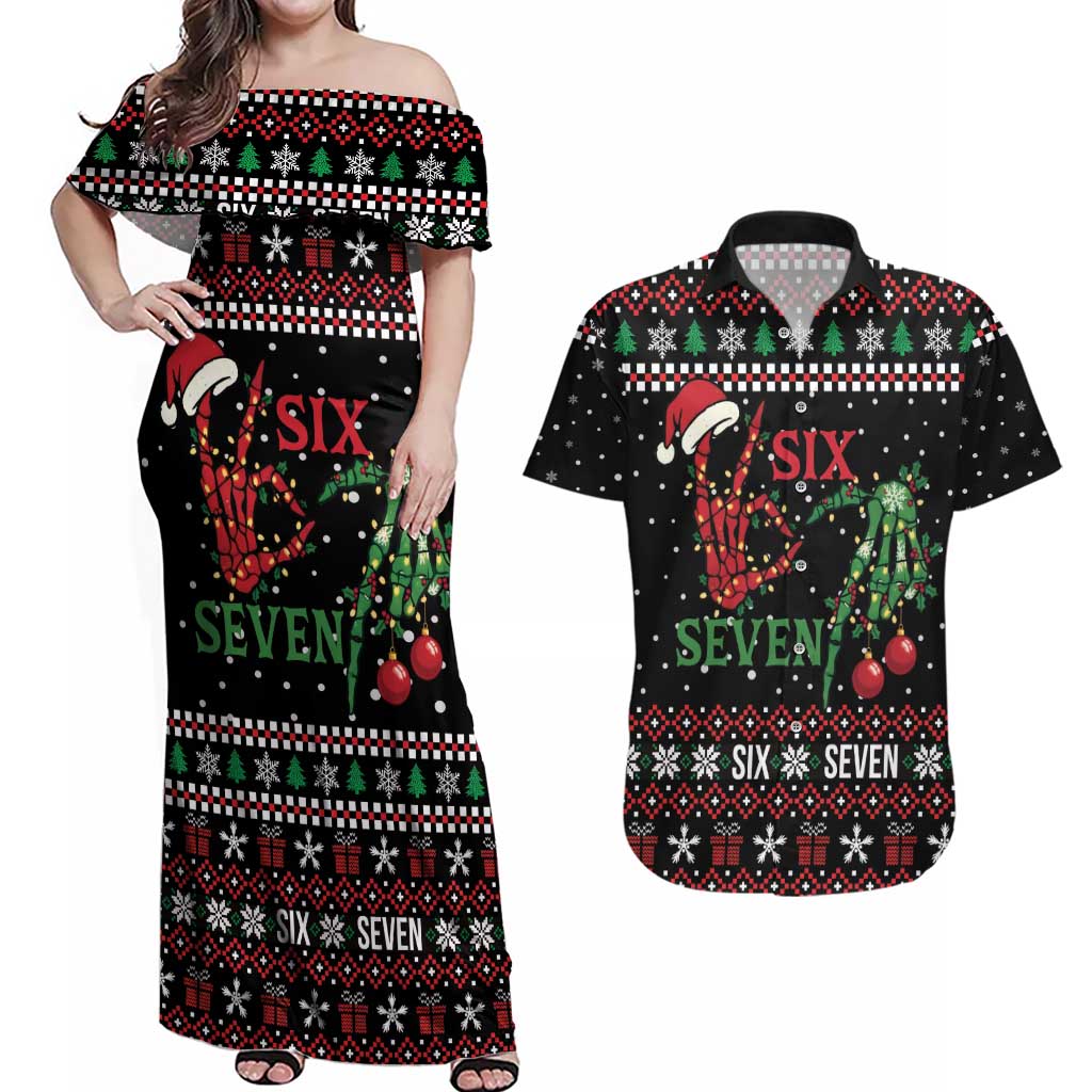 Funny Six Seven Skeleton Hand Couples Matching Off Shoulder Maxi Dress and Hawaiian Shirt Meme Gen Alpha Slang - Wonder Print Shop