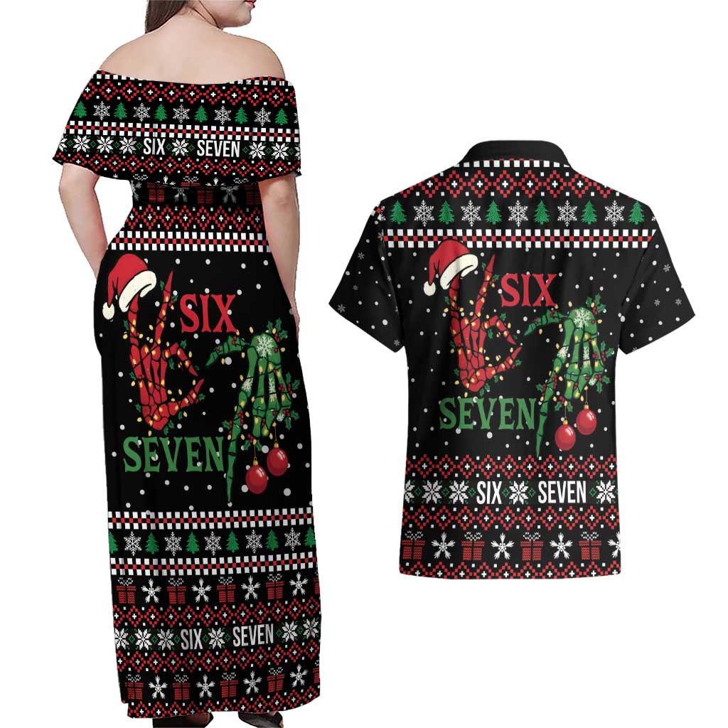 Funny Six Seven Skeleton Hand Couples Matching Off Shoulder Maxi Dress and Hawaiian Shirt Meme Gen Alpha Slang - Wonder Print Shop
