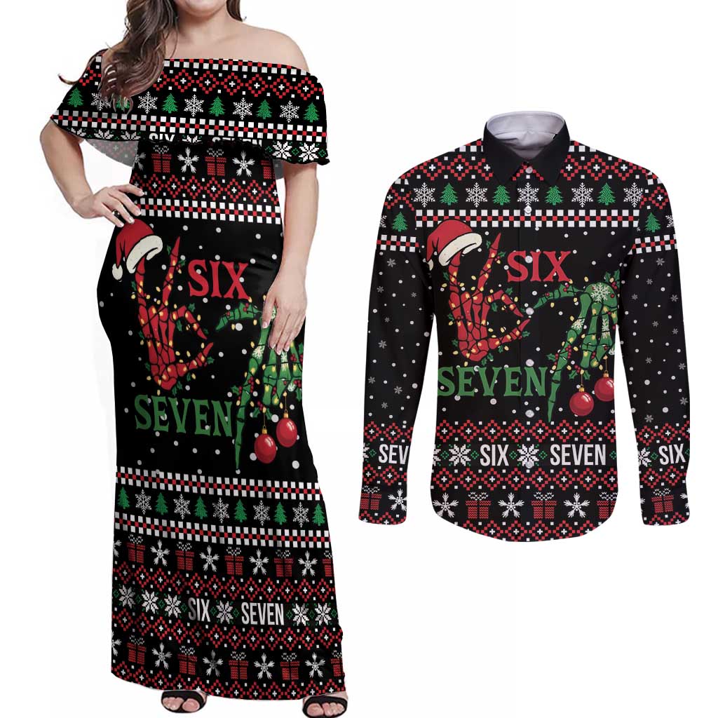 Funny Six Seven Skeleton Hand Couples Matching Off Shoulder Maxi Dress and Long Sleeve Button Shirt Meme Gen Alpha Slang - Wonder Print Shop