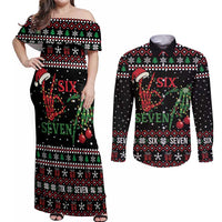 Funny Six Seven Skeleton Hand Couples Matching Off Shoulder Maxi Dress and Long Sleeve Button Shirt Meme Gen Alpha Slang - Wonder Print Shop