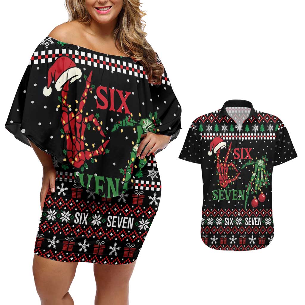 Funny Six Seven Skeleton Hand Couples Matching Off Shoulder Short Dress and Hawaiian Shirt Meme Gen Alpha Slang - Wonder Print Shop