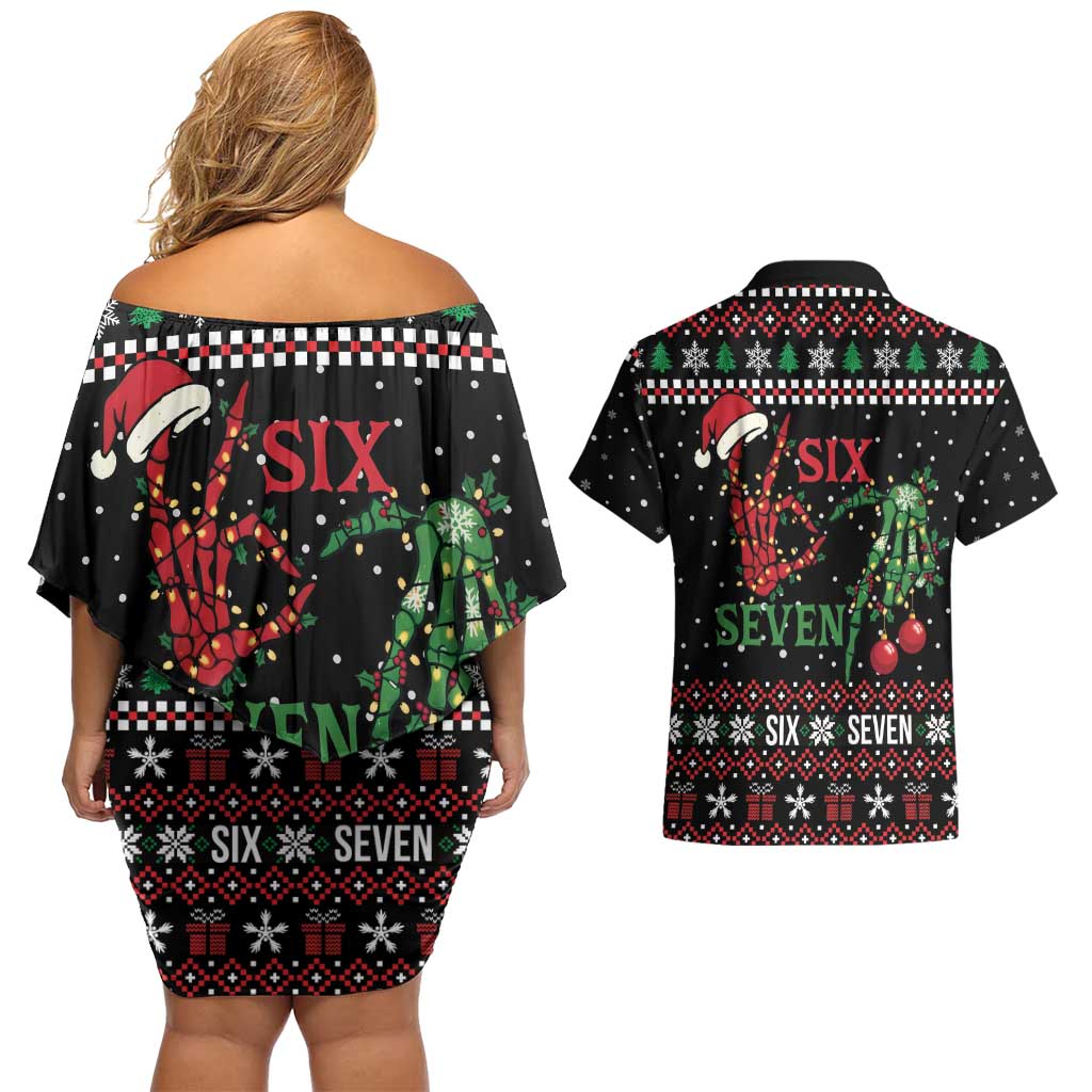 Funny Six Seven Skeleton Hand Couples Matching Off Shoulder Short Dress and Hawaiian Shirt Meme Gen Alpha Slang - Wonder Print Shop