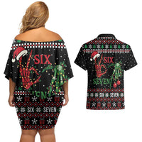 Funny Six Seven Skeleton Hand Couples Matching Off Shoulder Short Dress and Hawaiian Shirt Meme Gen Alpha Slang - Wonder Print Shop