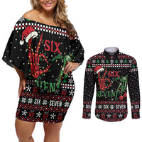 Funny Six Seven Skeleton Hand Couples Matching Off Shoulder Short Dress and Long Sleeve Button Shirt Meme Gen Alpha Slang - Wonder Print Shop