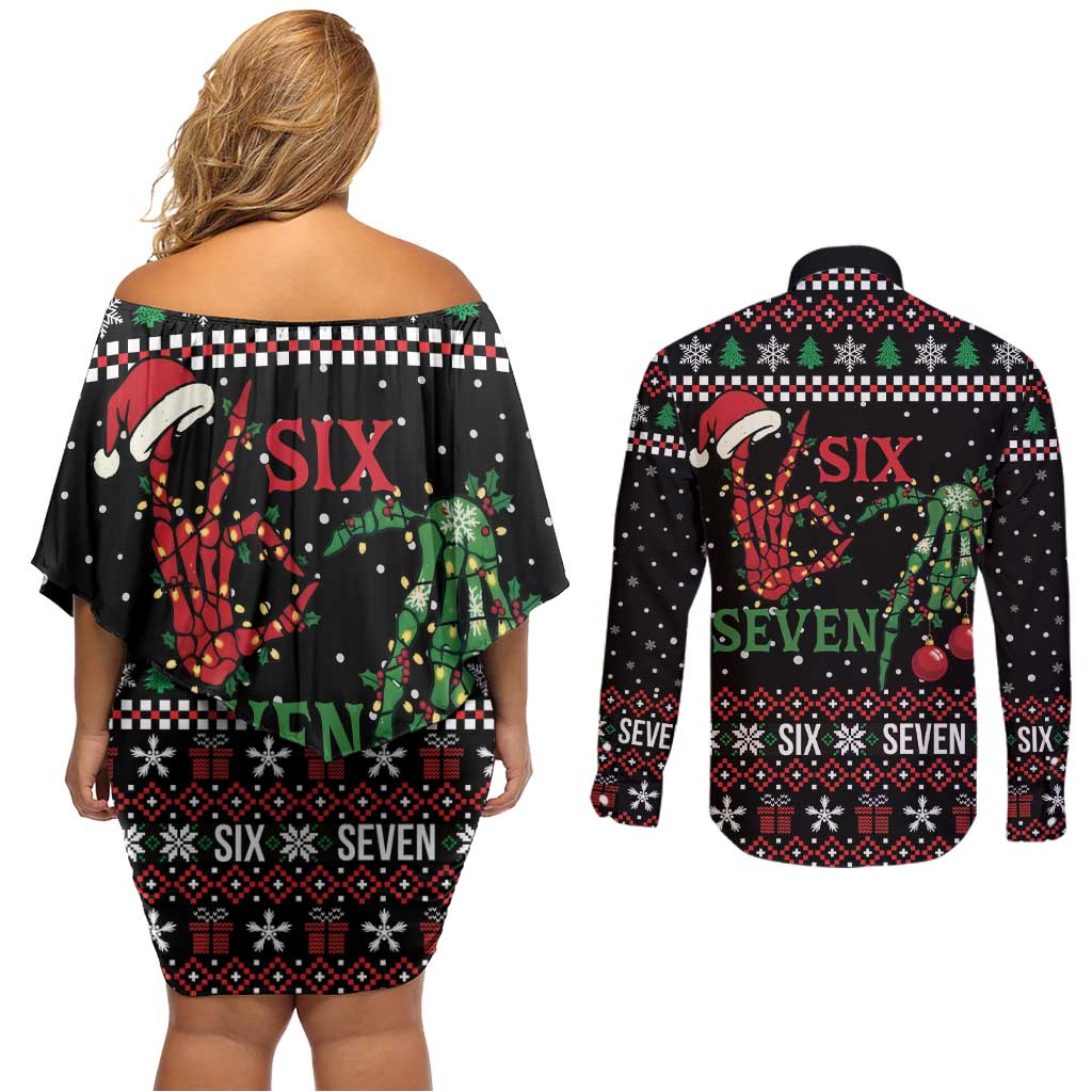 Funny Six Seven Skeleton Hand Couples Matching Off Shoulder Short Dress and Long Sleeve Button Shirt Meme Gen Alpha Slang - Wonder Print Shop