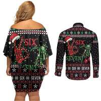 Funny Six Seven Skeleton Hand Couples Matching Off Shoulder Short Dress and Long Sleeve Button Shirt Meme Gen Alpha Slang - Wonder Print Shop