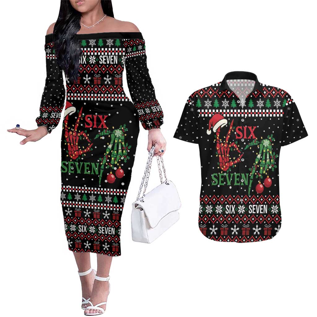 Funny Six Seven Skeleton Hand Couples Matching Off The Shoulder Long Sleeve Dress and Hawaiian Shirt Meme Gen Alpha Slang - Wonder Print Shop