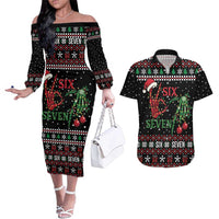 Funny Six Seven Skeleton Hand Couples Matching Off The Shoulder Long Sleeve Dress and Hawaiian Shirt Meme Gen Alpha Slang - Wonder Print Shop