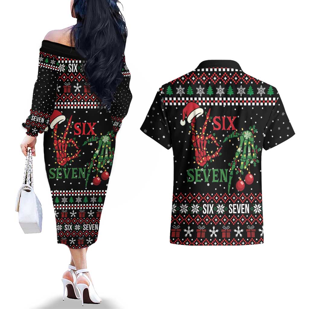 Funny Six Seven Skeleton Hand Couples Matching Off The Shoulder Long Sleeve Dress and Hawaiian Shirt Meme Gen Alpha Slang - Wonder Print Shop