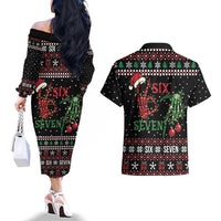 Funny Six Seven Skeleton Hand Couples Matching Off The Shoulder Long Sleeve Dress and Hawaiian Shirt Meme Gen Alpha Slang - Wonder Print Shop