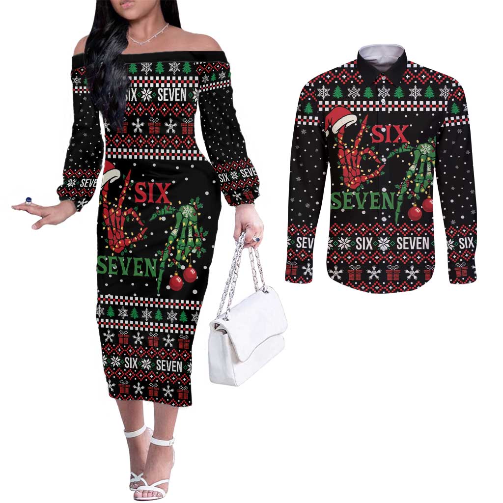 Funny Six Seven Skeleton Hand Couples Matching Off The Shoulder Long Sleeve Dress and Long Sleeve Button Shirt Meme Gen Alpha Slang - Wonder Print Shop