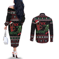 Funny Six Seven Skeleton Hand Couples Matching Off The Shoulder Long Sleeve Dress and Long Sleeve Button Shirt Meme Gen Alpha Slang - Wonder Print Shop