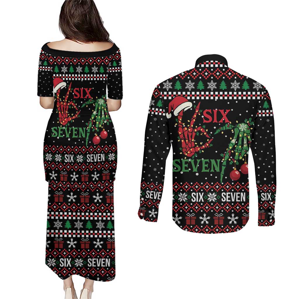 Funny Six Seven Skeleton Hand Couples Matching Puletasi and Long Sleeve Button Shirt Meme Gen Alpha Slang - Wonder Print Shop