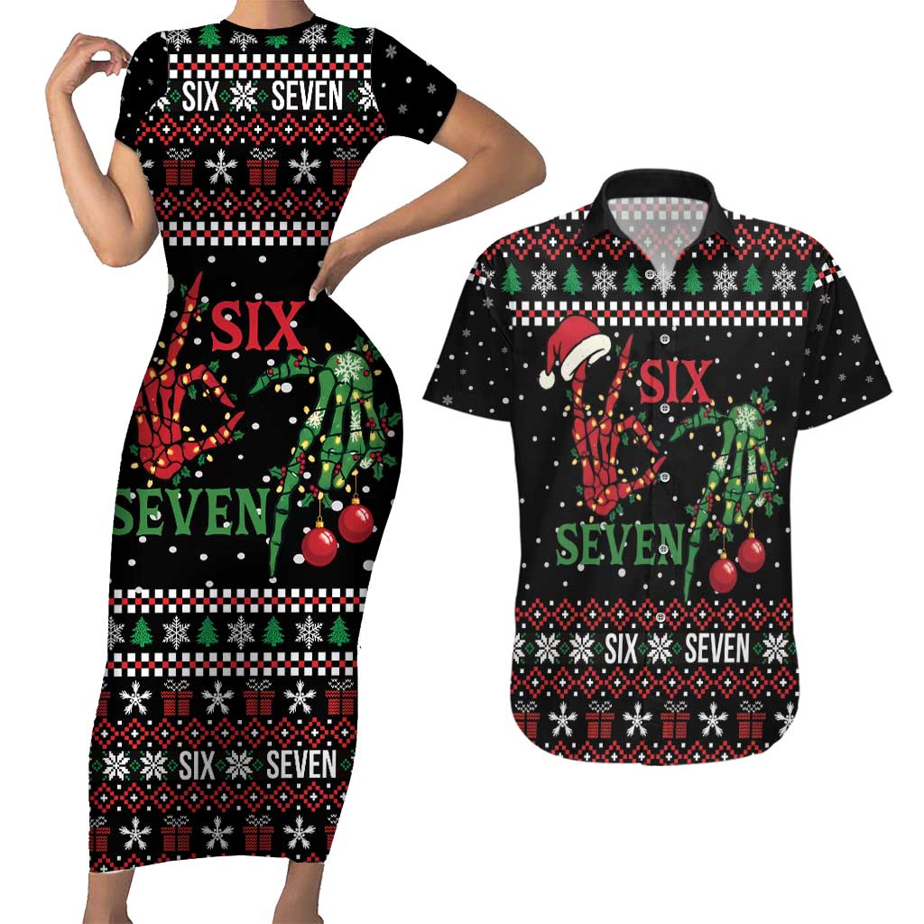 Funny Six Seven Skeleton Hand Couples Matching Short Sleeve Bodycon Dress and Hawaiian Shirt Meme Gen Alpha Slang - Wonder Print Shop