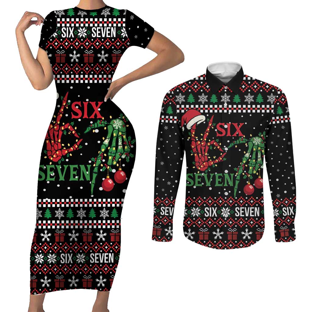Funny Six Seven Skeleton Hand Couples Matching Short Sleeve Bodycon Dress and Long Sleeve Button Shirt Meme Gen Alpha Slang - Wonder Print Shop