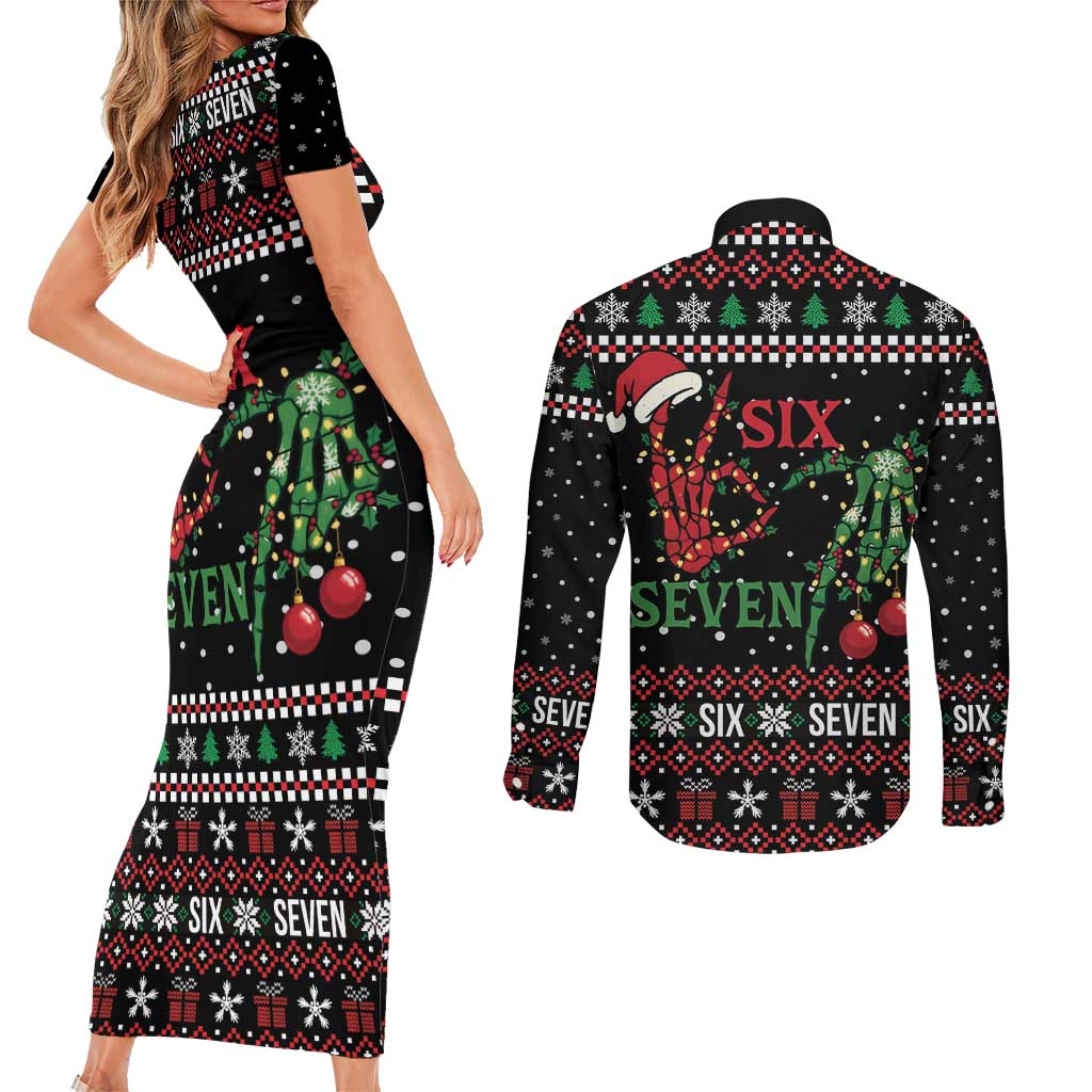 Funny Six Seven Skeleton Hand Couples Matching Short Sleeve Bodycon Dress and Long Sleeve Button Shirt Meme Gen Alpha Slang - Wonder Print Shop
