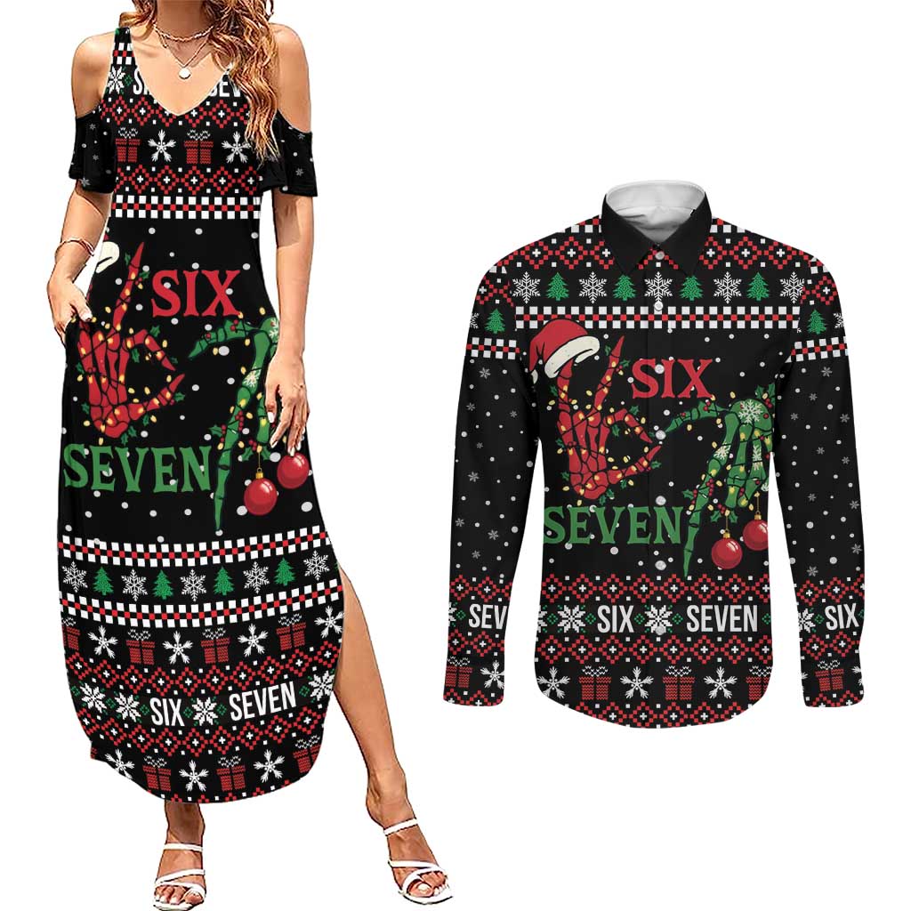 Funny Six Seven Skeleton Hand Couples Matching Summer Maxi Dress and Long Sleeve Button Shirt Meme Gen Alpha Slang - Wonder Print Shop