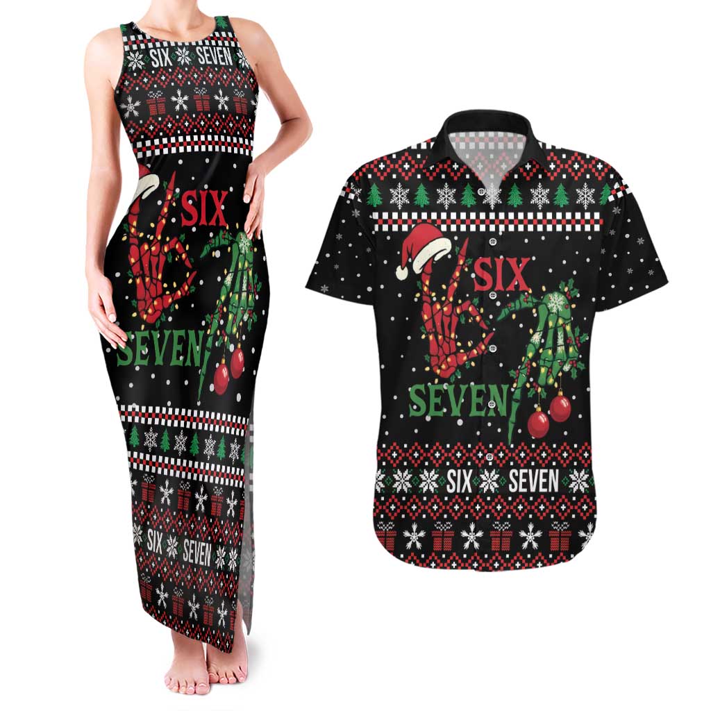 Funny Six Seven Skeleton Hand Couples Matching Tank Maxi Dress and Hawaiian Shirt Meme Gen Alpha Slang - Wonder Print Shop