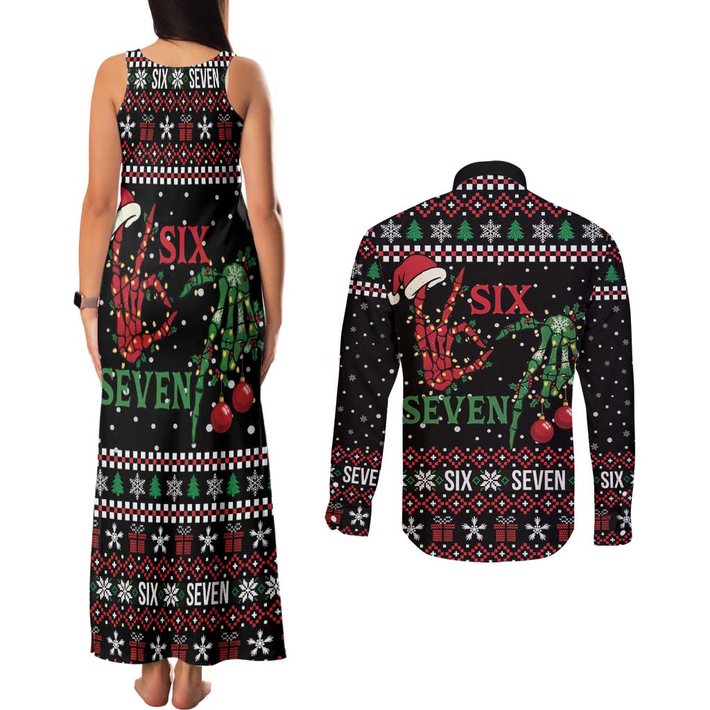 Funny Six Seven Skeleton Hand Couples Matching Tank Maxi Dress and Long Sleeve Button Shirt Meme Gen Alpha Slang - Wonder Print Shop