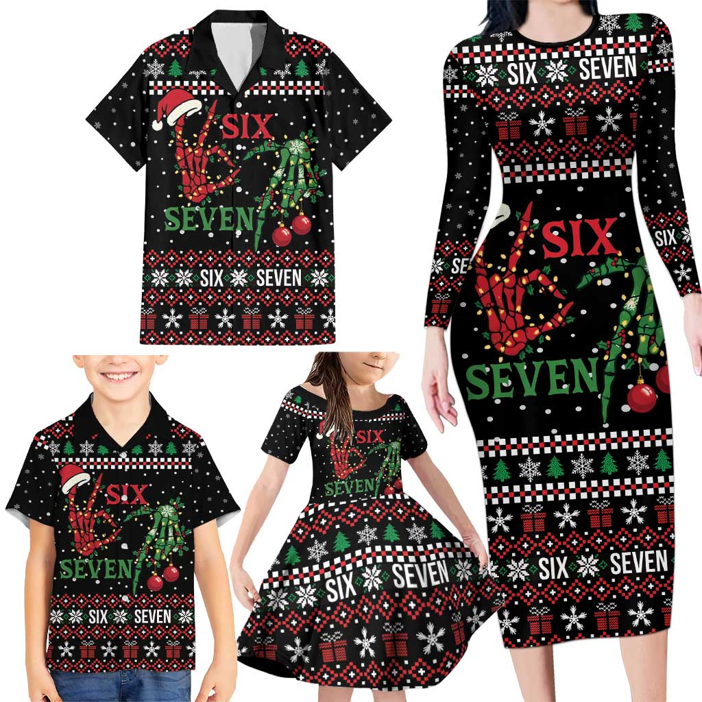 Funny Six Seven Skeleton Hand Family Matching Long Sleeve Bodycon Dress and Hawaiian Shirt Meme Gen Alpha Slang - Wonder Print Shop