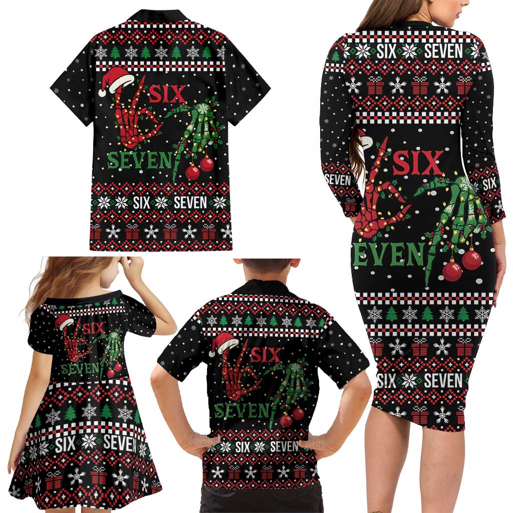 Funny Six Seven Skeleton Hand Family Matching Long Sleeve Bodycon Dress and Hawaiian Shirt Meme Gen Alpha Slang - Wonder Print Shop