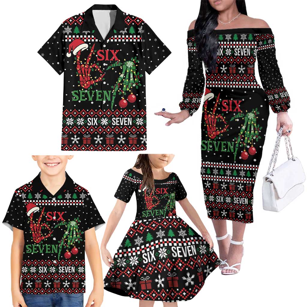 Funny Six Seven Skeleton Hand Family Matching Off The Shoulder Long Sleeve Dress and Hawaiian Shirt Meme Gen Alpha Slang - Wonder Print Shop