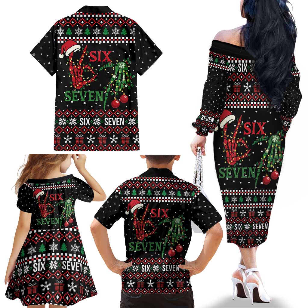 Funny Six Seven Skeleton Hand Family Matching Off The Shoulder Long Sleeve Dress and Hawaiian Shirt Meme Gen Alpha Slang - Wonder Print Shop