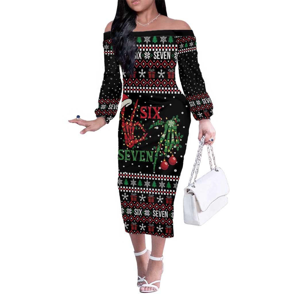 Funny Six Seven Skeleton Hand Family Matching Off The Shoulder Long Sleeve Dress and Hawaiian Shirt Meme Gen Alpha Slang - Wonder Print Shop