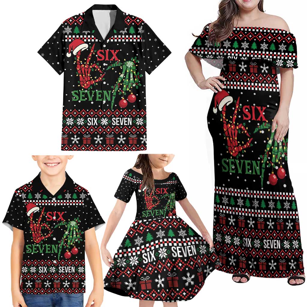 Funny Six Seven Skeleton Hand Family Matching Off Shoulder Maxi Dress and Hawaiian Shirt Meme Gen Alpha Slang - Wonder Print Shop