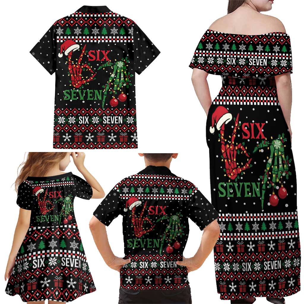 Funny Six Seven Skeleton Hand Family Matching Off Shoulder Maxi Dress and Hawaiian Shirt Meme Gen Alpha Slang - Wonder Print Shop